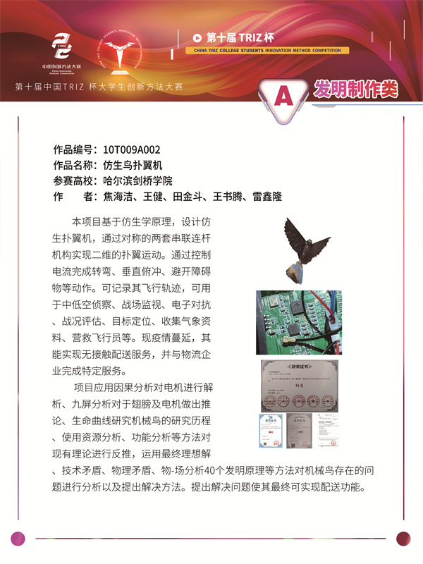 10T009A002 哈尔滨剑桥学院 一站到底 仿生鸟扑翼机