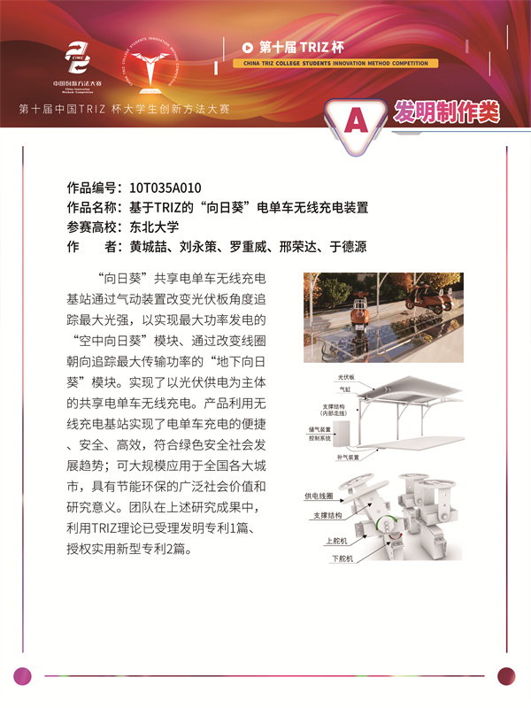 10T035A010 东北大学 “向日葵”无线充电团队 基于TRIZ的“向日葵”共享电单车无线充电装置
