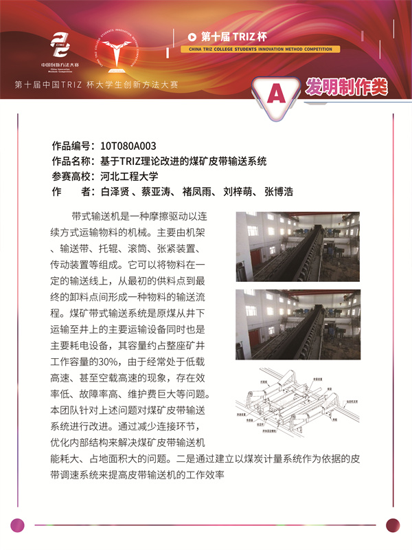 10T080A003河北工程大学基于TRIZ理论改进的煤矿皮带输送系统