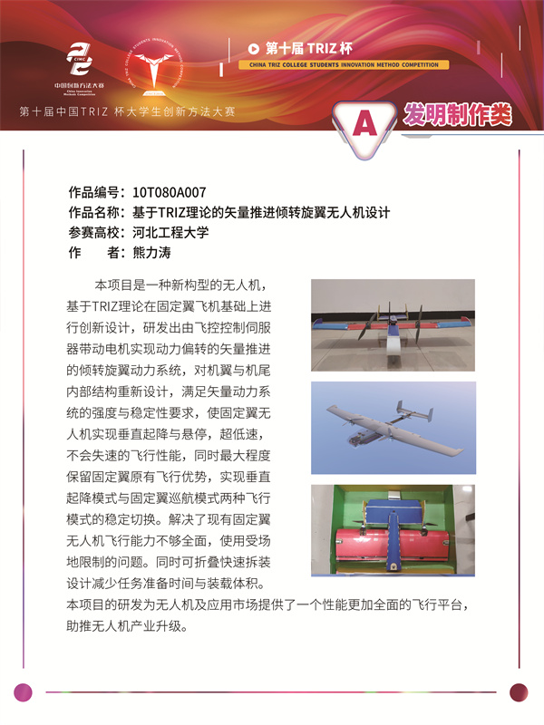 10T080A007-河北工程大学-同心领航-基于TRIZ理论的矢量推进倾转旋翼无人机设计
