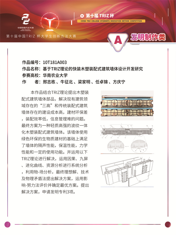 10T181A003+华南农业大学+发奋图墙队+基于TRIZ理论的快装木塑装配式建筑墙体设计开发研究