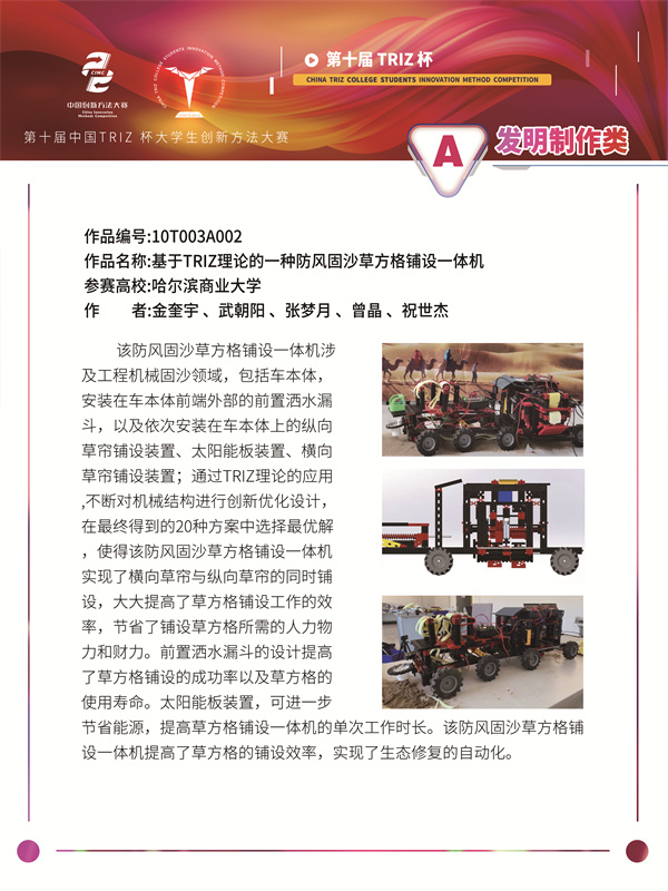 哈尔滨商业大学(从容应队)发明制作类-基于triz理论的一种防风固沙草方格铺设一体机